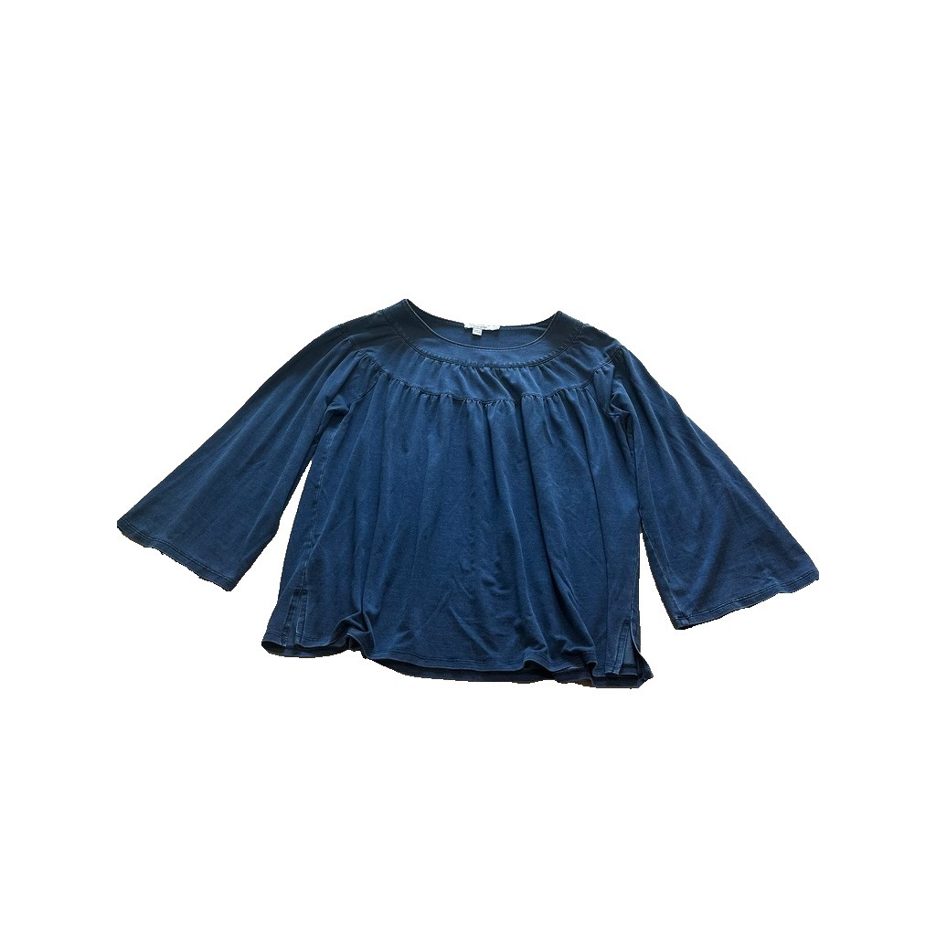 Chico's Round Gathered Neckline Denim-Like Blouse Stretch 3/4 Sleeve Sz 1 (M)